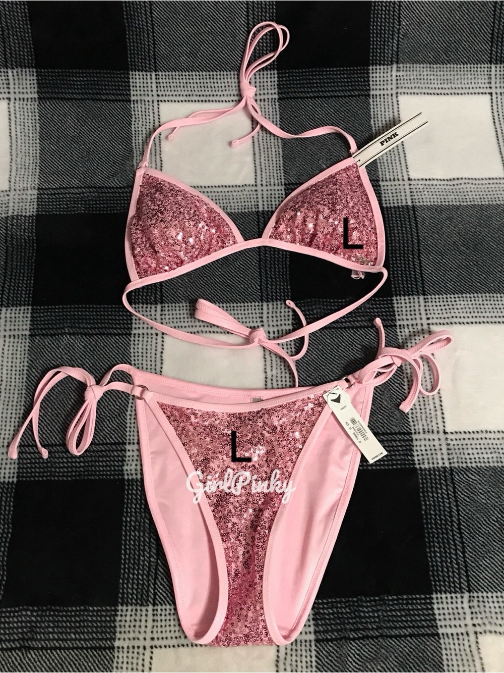VS PINK 2 PIECE SEQUINS IN BOARDWALK PINK STRING BIKINI SWIMSUIT IN SIZE LARGE